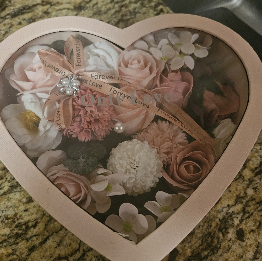 Heart Flower Box With Artificial Flowers and faux pearls and bling